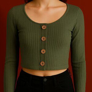 Olive green ribbed blouse with buttons - Size S